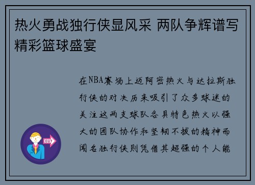 热火勇战独行侠显风采 两队争辉谱写精彩篮球盛宴