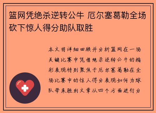 篮网凭绝杀逆转公牛 厄尔塞葛勒全场砍下惊人得分助队取胜