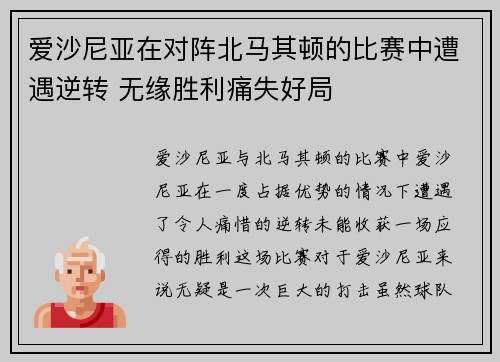 爱沙尼亚在对阵北马其顿的比赛中遭遇逆转 无缘胜利痛失好局