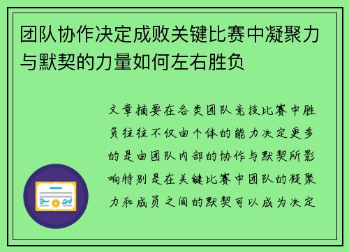 团队协作决定成败关键比赛中凝聚力与默契的力量如何左右胜负