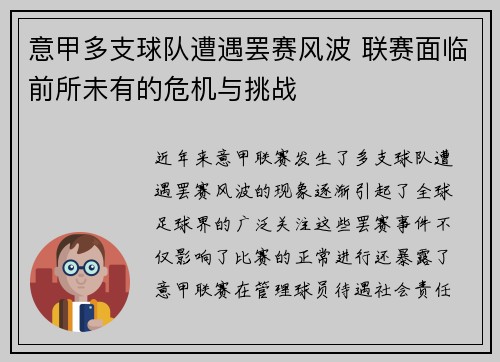 意甲多支球队遭遇罢赛风波 联赛面临前所未有的危机与挑战