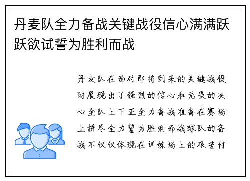 丹麦队全力备战关键战役信心满满跃跃欲试誓为胜利而战