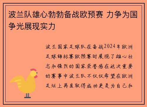波兰队雄心勃勃备战欧预赛 力争为国争光展现实力