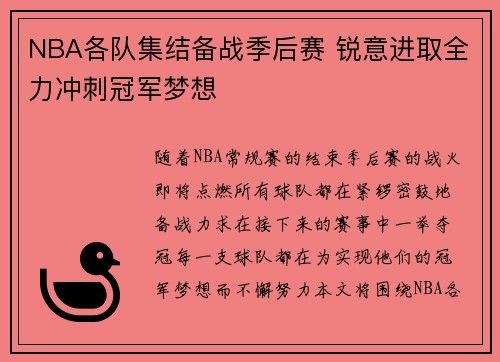 NBA各队集结备战季后赛 锐意进取全力冲刺冠军梦想