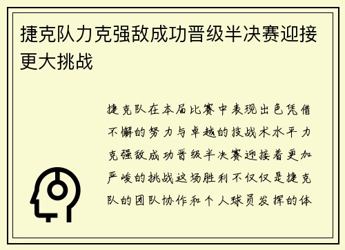捷克队力克强敌成功晋级半决赛迎接更大挑战