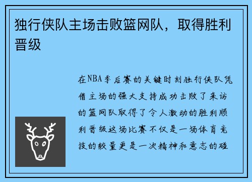 独行侠队主场击败篮网队，取得胜利晋级