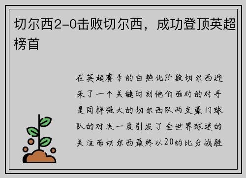 切尔西2-0击败切尔西，成功登顶英超榜首