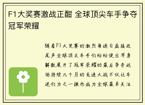 F1大奖赛激战正酣 全球顶尖车手争夺冠军荣耀