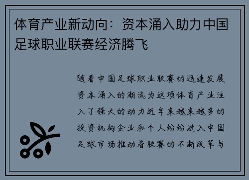 体育产业新动向：资本涌入助力中国足球职业联赛经济腾飞