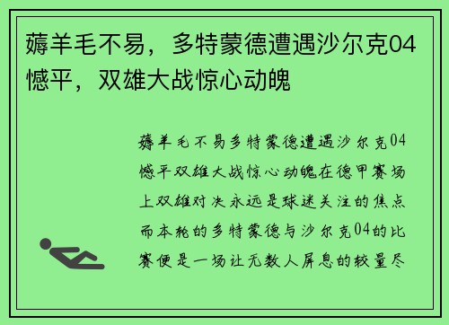 薅羊毛不易，多特蒙德遭遇沙尔克04憾平，双雄大战惊心动魄